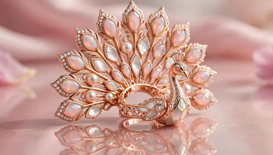 Champagne Diamond Peacock Ring, Old Money Luxury Jewelry, 18k Gold Cocktail Ring for Women